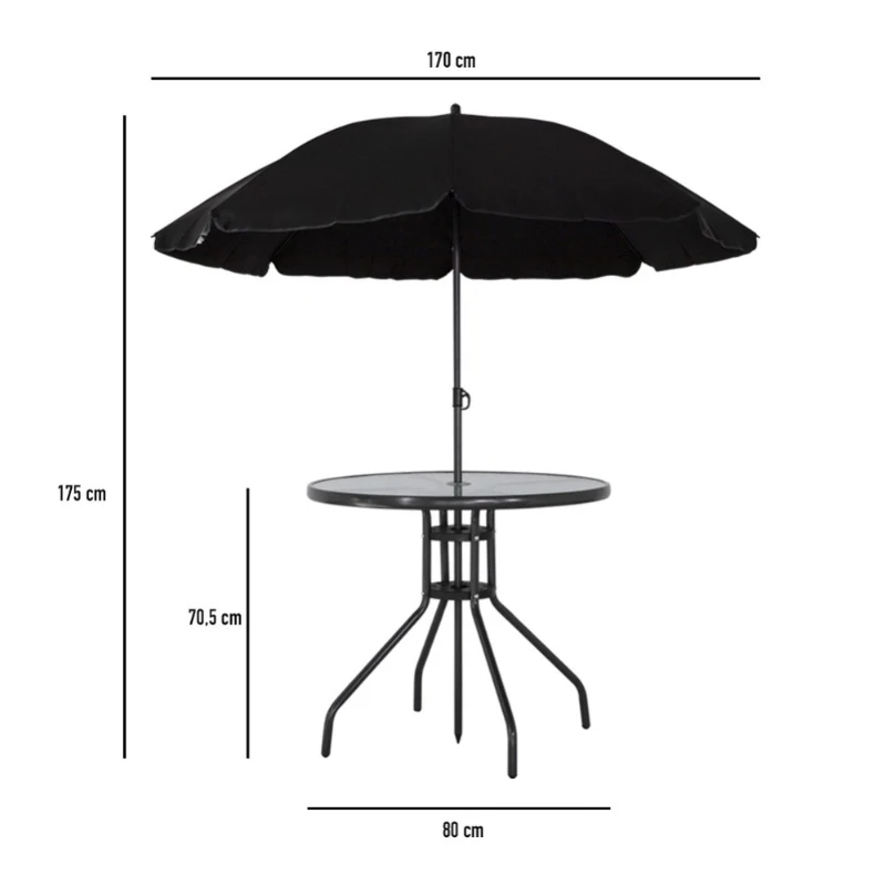 Conjunto de Jardín Aktive Garden Mesa 80x70,5 Cm 4 Sillas Plegables Sombrilla 170 Cm, Negro