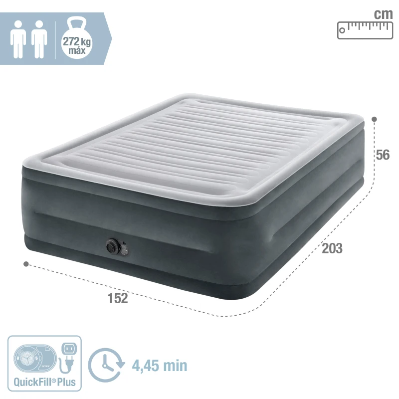 Colchón Hinchable Doble Elevado con Hinchador Eléctrico, 152x203x56 Cm, Gris