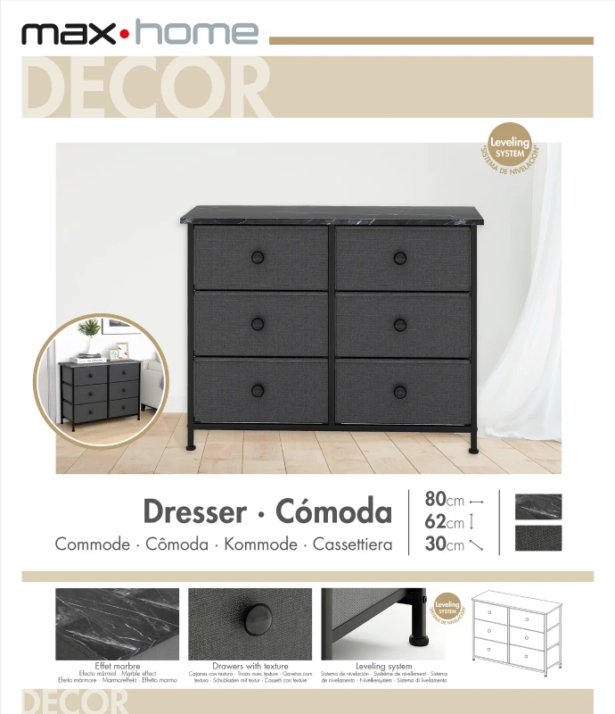 Cómoda 6 Cajones Efecto Mármol con Estructura de Acero, 80x30x62 Cm, Negro