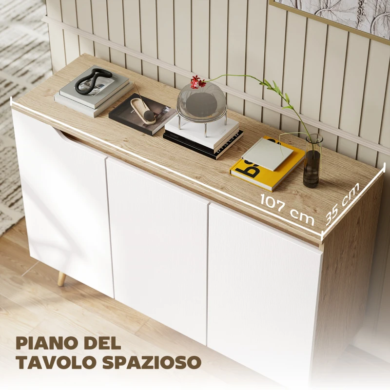 HOMCOM Credenza Moderna a 3 Ante con 3 Ripiani Regolabili e 5 Gambe in Legno, 107x35x76.5 cm, Bianco e Rovere