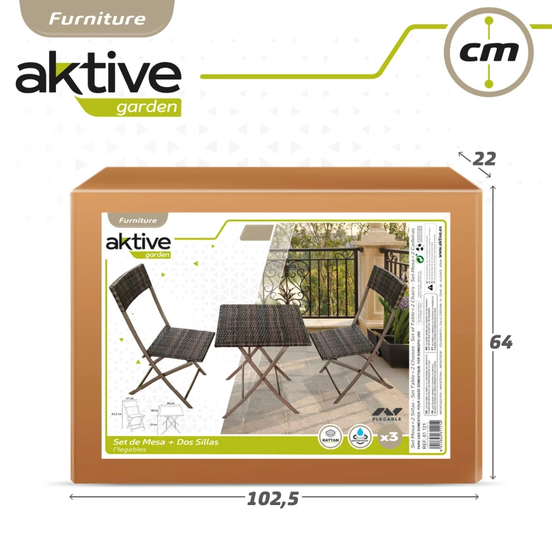 Conjunto Mesa y Sillas para Terraza Plegables de Ratán Sintético, 60x60x72 Cm, Marrón