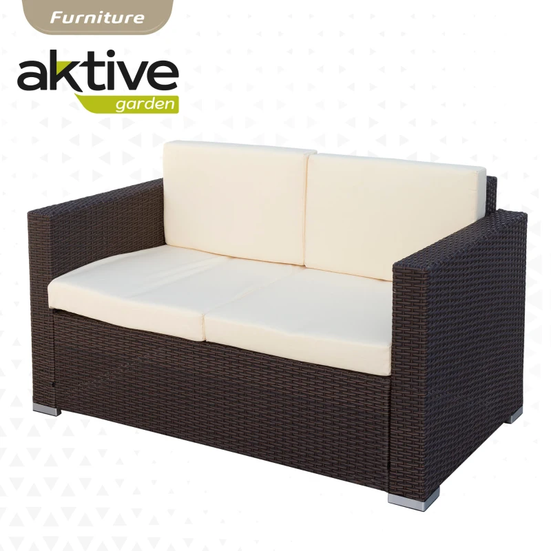 Conjunto Muebles Jardín Aktive Ratán Sintético y Cojines Acolchados, 128x72x72 Cm, Marrón Oscuro