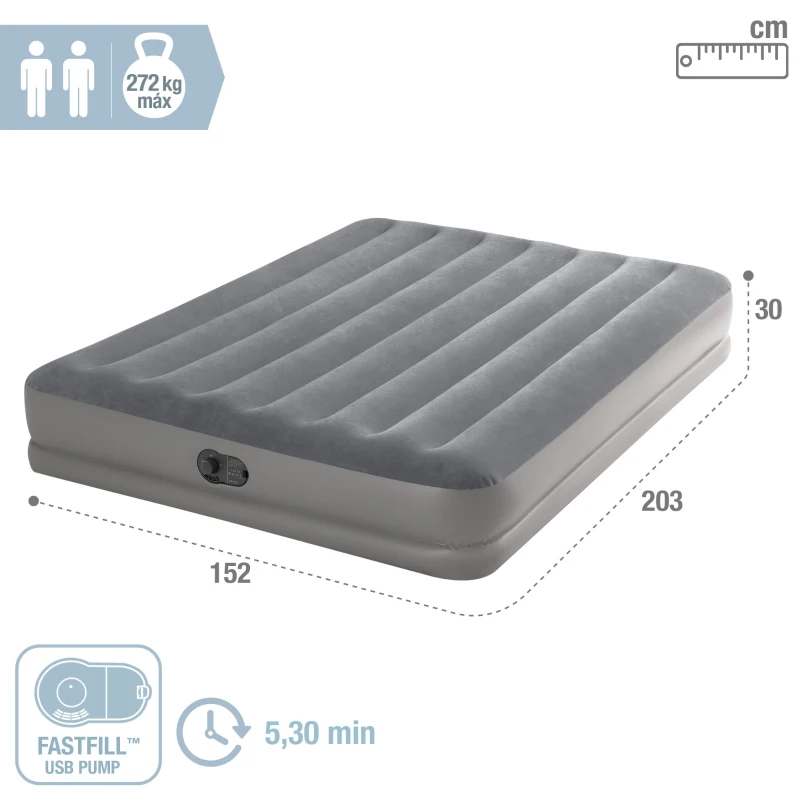 Colchón Hinchable Doble Dura-Beam® Prestige Mid-Rise con Bomba USB Incorporada, 152x203x30 Cm, Gris