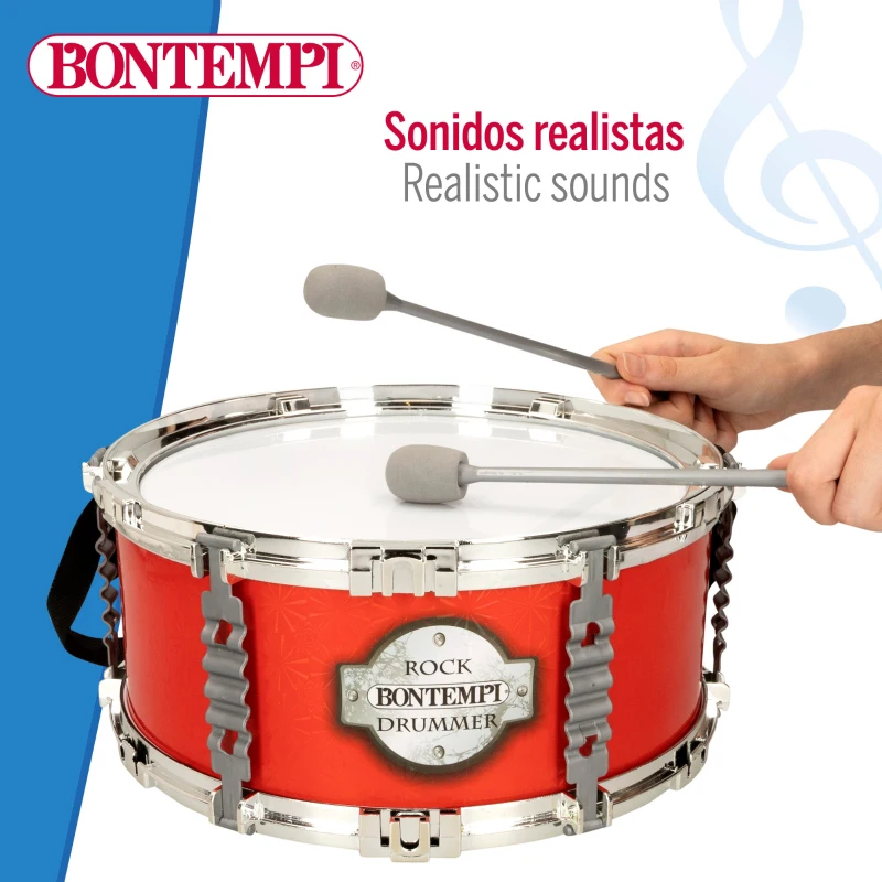 Tambor de Marcha Bontempi Doble Membrana con Baquetas y Correa, 30,5x13,5 Cm, Rojo