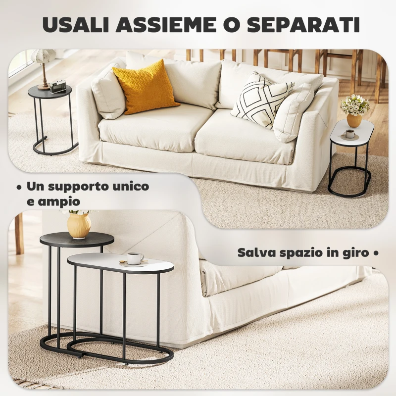 HOMCOM Set 2 Tavolini da Salotto Impilabili con Telaio in Metallo per Soggiorno e Ufficio, Grigio e Bianco