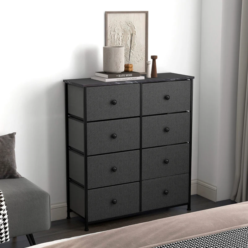 Cómoda 8 Cajones Efecto Mármol, 80x30x81 Cm, Negro