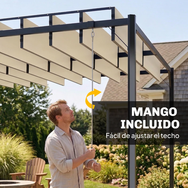 Outsunny Pérgola de Jardín 3x4 m con Protección UPF 50+ Gazebo con Techo Ajustable Estructura de Metal para Exterior Crema