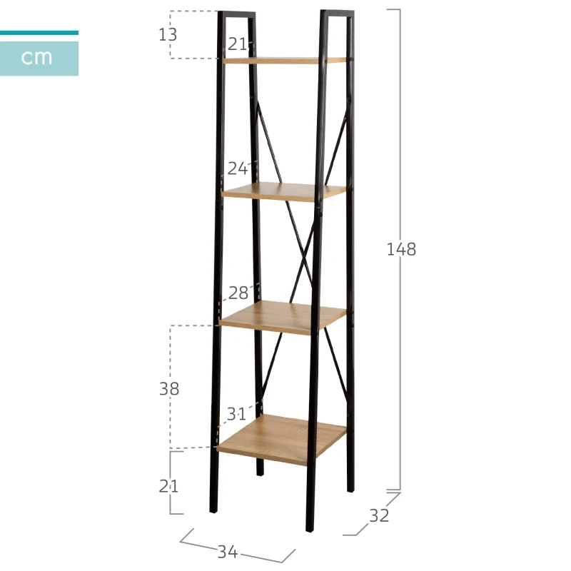 Estantería Escalera Acero y Madera 4 Estantes, 34x32x148 Cm, Negro