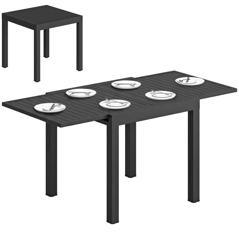 Outsunny Masă de Grădină Extensibilă cu Șipci pentru 4-6 Persoane, din Aluminiu, 80-160x80x75 cm, Neagră