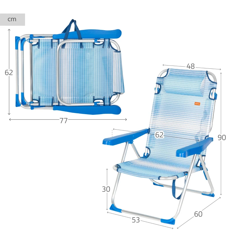 Silla de Playa Plegable Reclinable 5 Posiciones con Cojín y Asa, 77x12x62 Cm, Azul