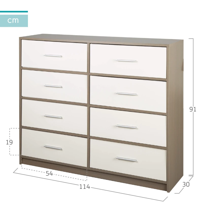 Cómoda 8 Cajones de Tela Plegables, 114x30x92 Cm, Madera y Blanco
