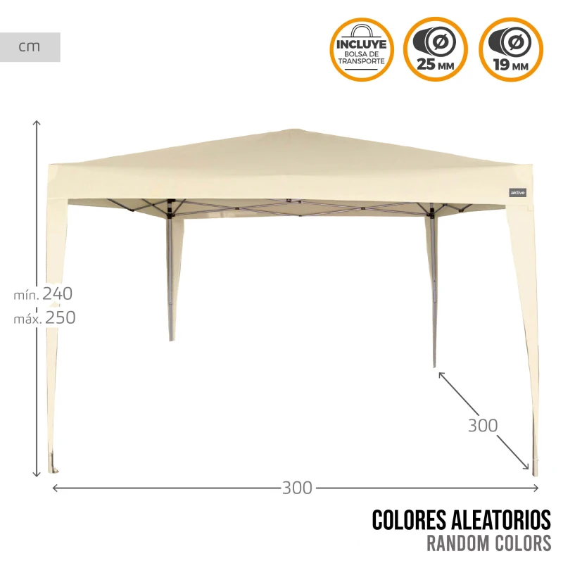 Cenador Plegable Estructura Acero Montaje Rápido, 300x300x240/250 Cm, Crema