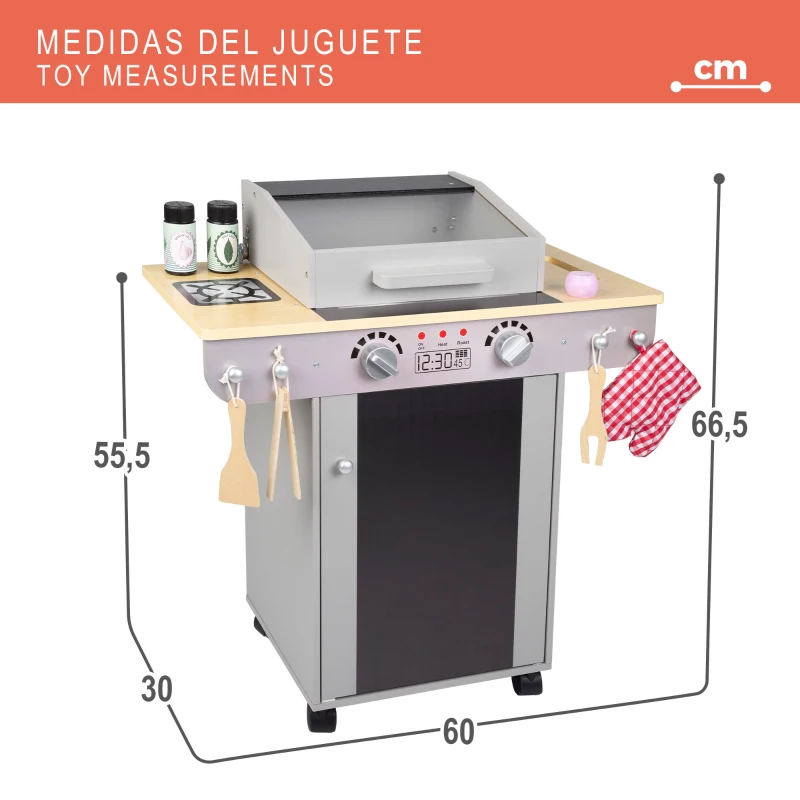 Barbacoa de Juguete Portátil con Pizarra y 9 Accesorios, 60x30x66,5 Cm, Madera