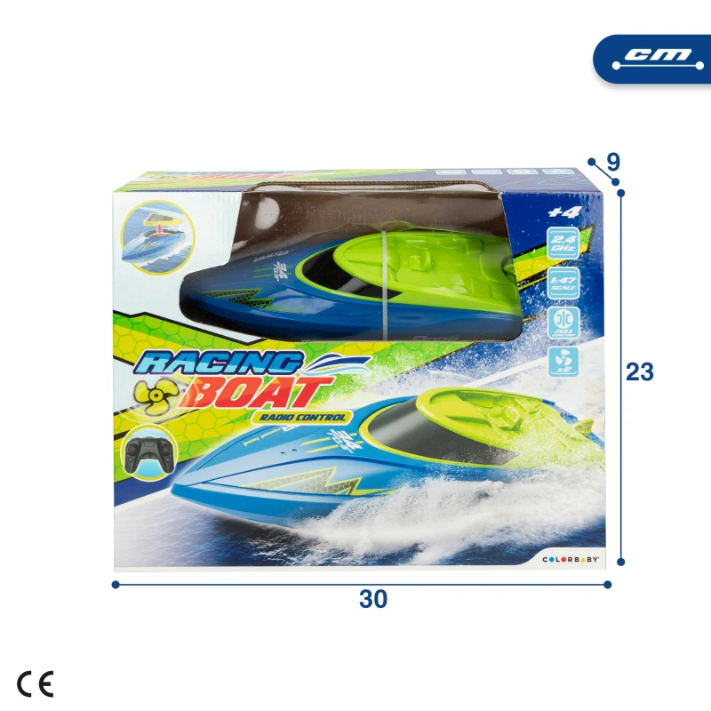 Lancha Rápida Radiocontrol Escala 1:47 con 2 Hélices, 25x7,5x6,5 Cm, Azul y Verde Pistacho