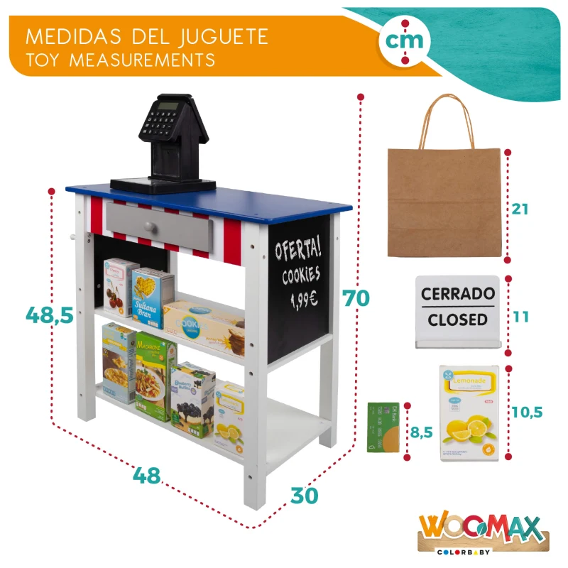 Supermercado de Juguete de Madera con Caja Registradora y 27 Accesorios, 48x30x70 Cm, Azul y Blanco