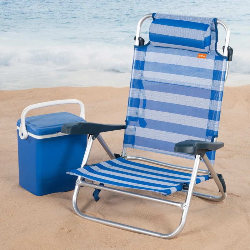 Silla de Playa Plegable Reclinable 8 Posiciones con Cojín y Asas, 74x12x65 Cm, Azul y Blanco