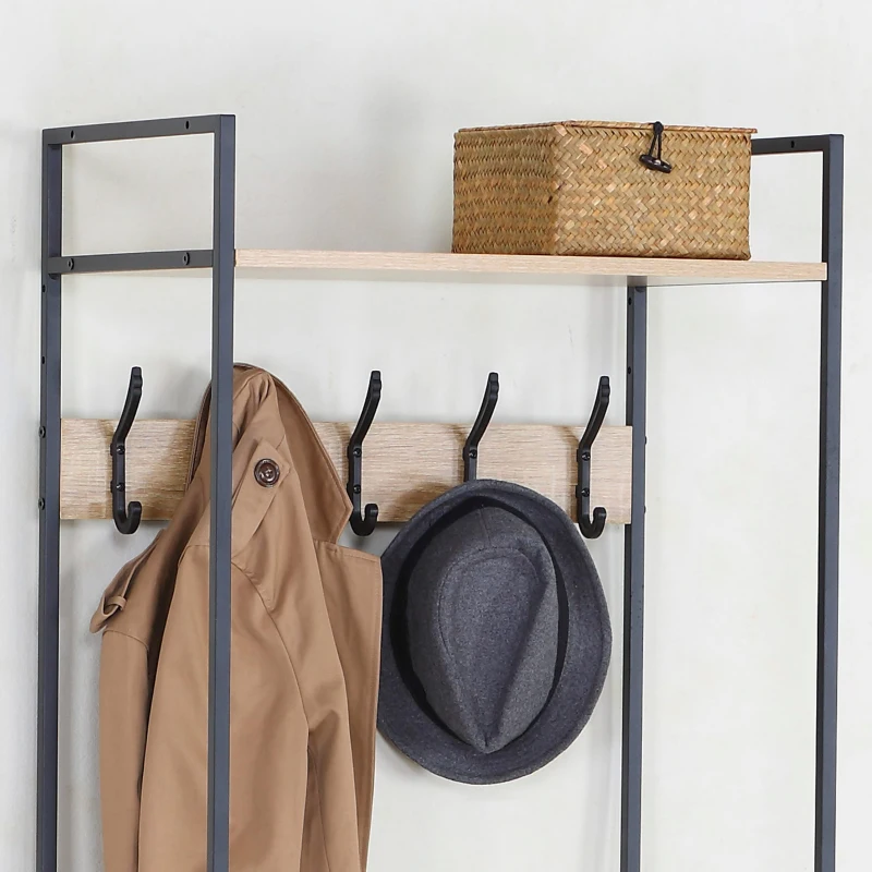 Perchero Zapatero Vertical 3 Estantes 5 Ganchos, 60x40x175 Cm, Negro y Madera