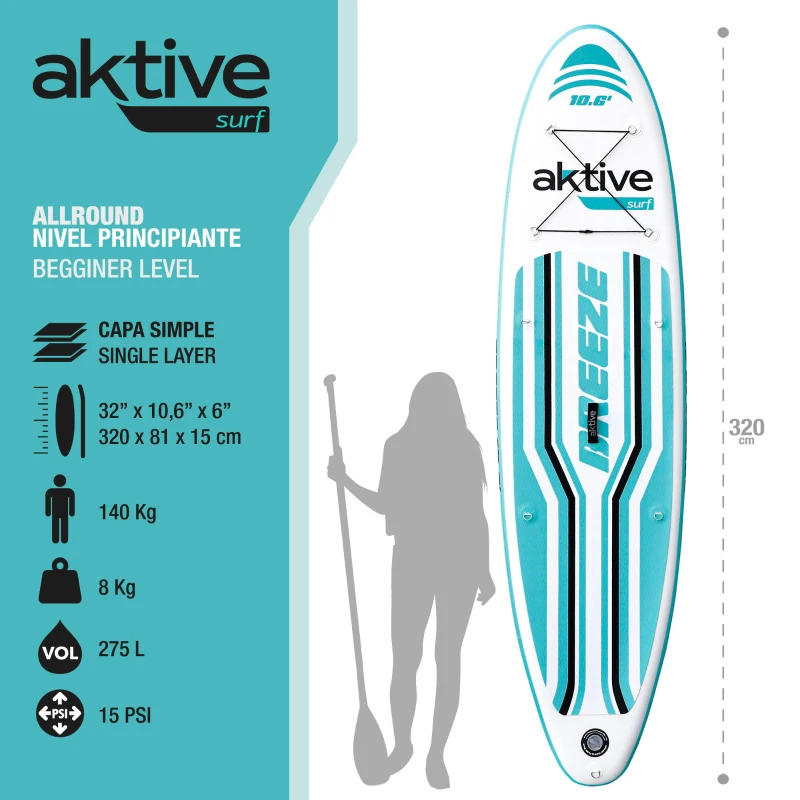 Tabla Paddle Surf Hinchable All-Round Iniciación, 320x81x15 Cm, Verde Azulado