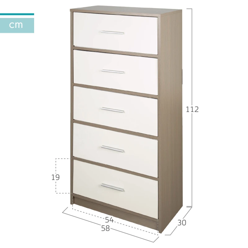 Cómoda Vertical 5 Cajones en MDF y Tela, 58x30x112 Cm, Madera y Blanco