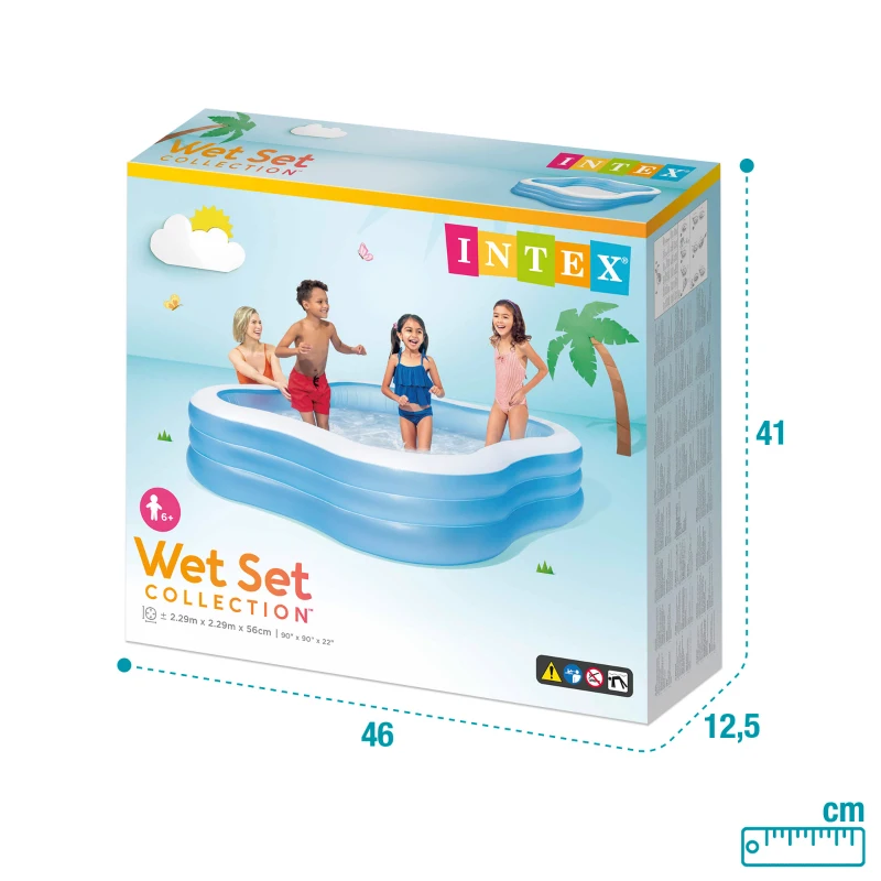 Piscina Hinchable Intex Cuadrada 3 Aros Ondulados 229x229x56 Cm, Azul y Blanco