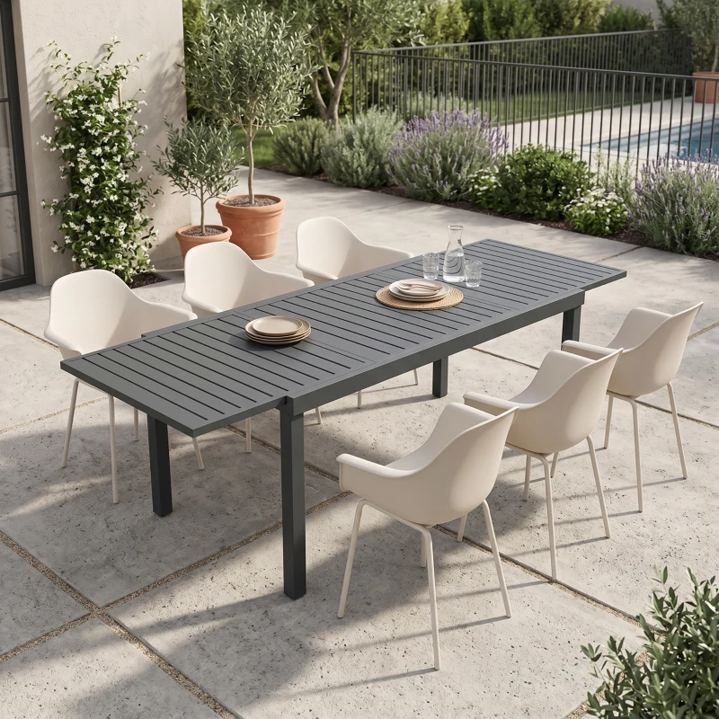 Outsunny Masă de Grădină Extensibilă 150/225x85x75 cm Masă de Luat Masa din Aluminiu cu Blat cu Șipcă pentru 6-8 Persoane Gri