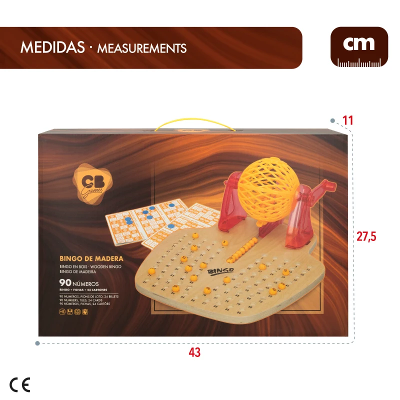 Bingo de Madera CB Games con 90 Bolas y 24 Cartones, 27x32x13 Cm, Madera