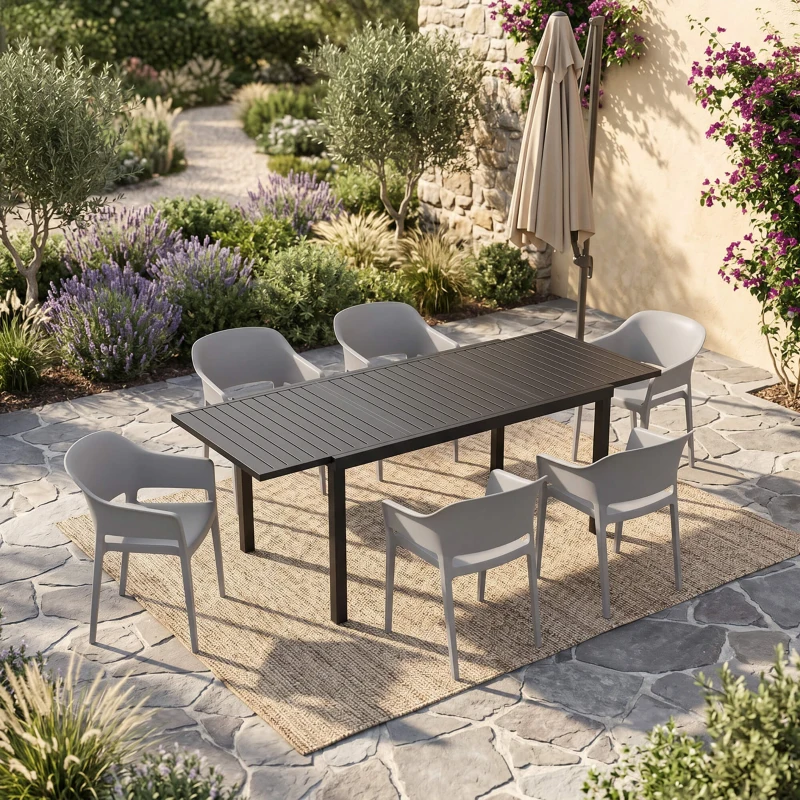 Outsunny Masă de Grădină Extensibilă pentru 6-8 Persoane, Aluminiu cu Blat cu Lamele, Negru