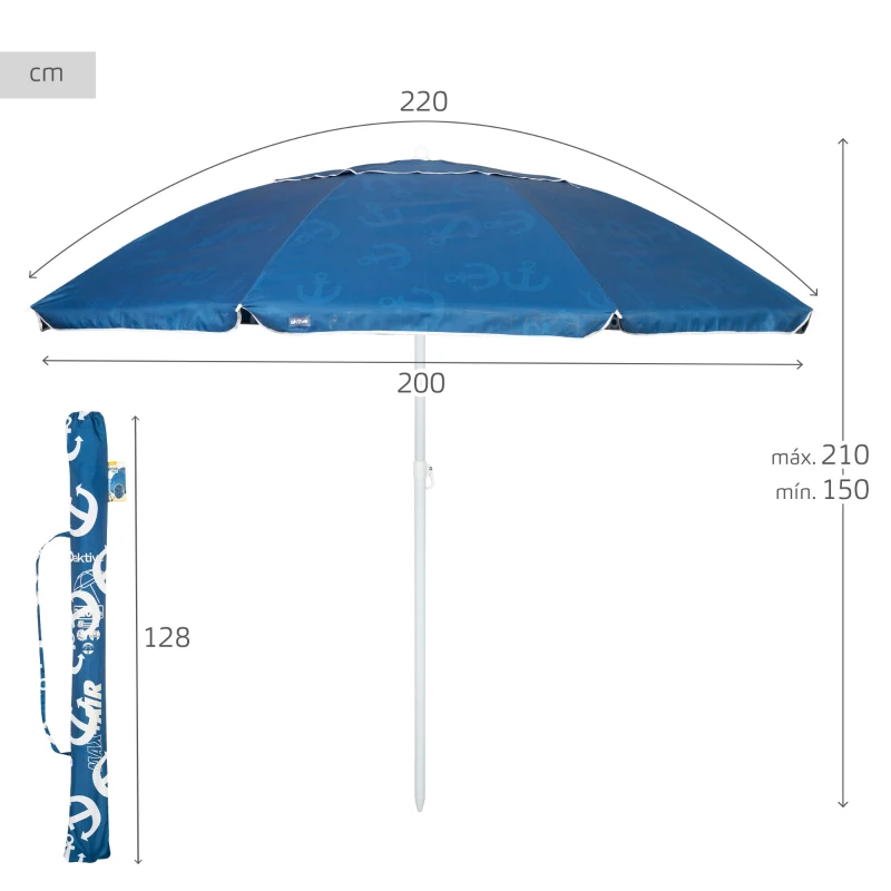Sombrilla de Playa Antiviento 8 Varillas, 220 Cm, Azul