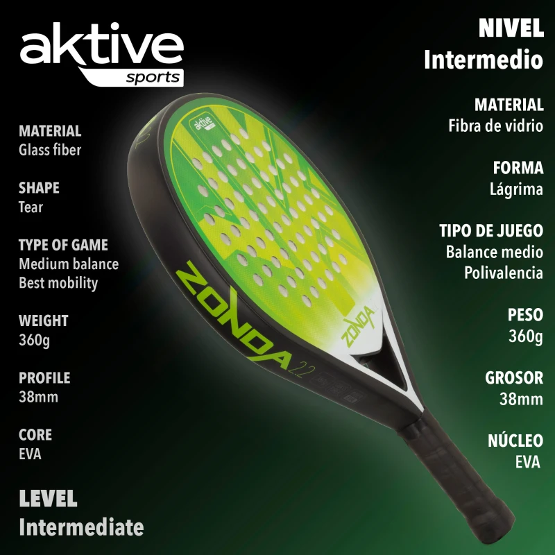 Pala de Pádel Aktive Zonda 2.2 Potencia-Control, 26x47x3,8 Cm, Verde y Negro