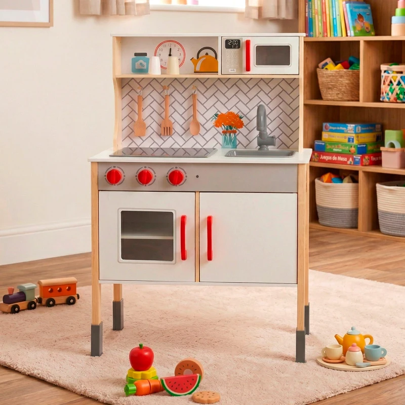 Cocina Infantil de Madera Woomax Eléctrica, 59,5x30x94,5 Cm, Madera Natural