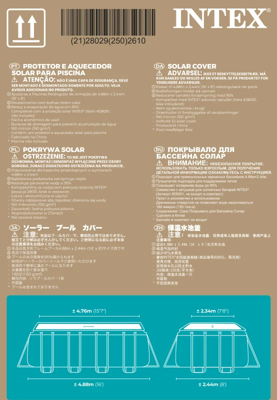 Cobertor Solar Intex para Piscinas Rectangulares, 476x234 Cm, Azul