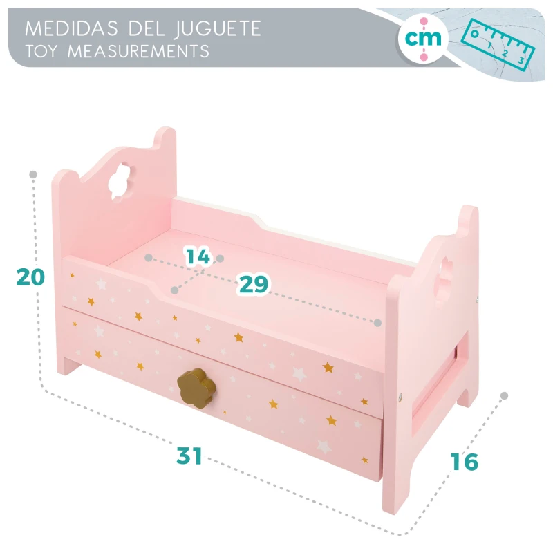 Cama para Muñecas de Madera con Cajón Extraíble, 31x16x20 Cm, Rosa