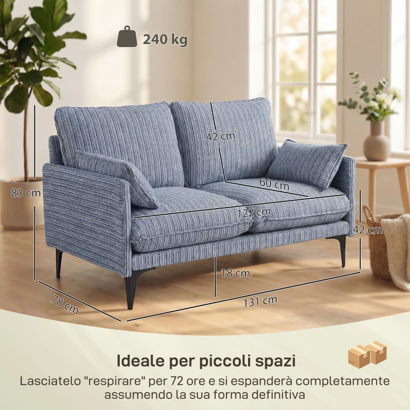 HOMCOM Divano 2 Posti in Tessuto con Braccioli, Imbottitura Spessa e 2 Cuscini, 131x78x83 cm, Blu