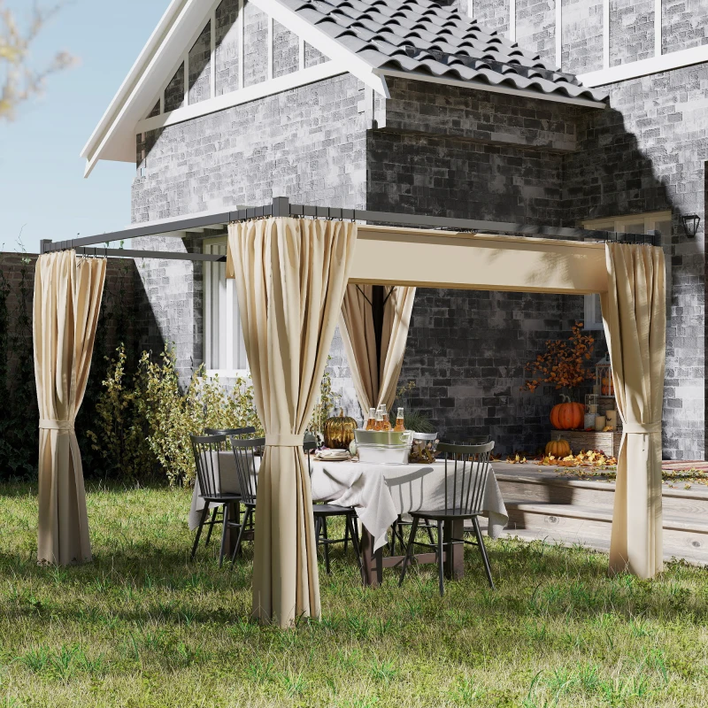 Outsunny 3 x 3m Retractable Pergola with Curtains, Metal Garden Gazebo Canopy for Patio, Deck & Outdoor Dining, UV-Resistant, Beige