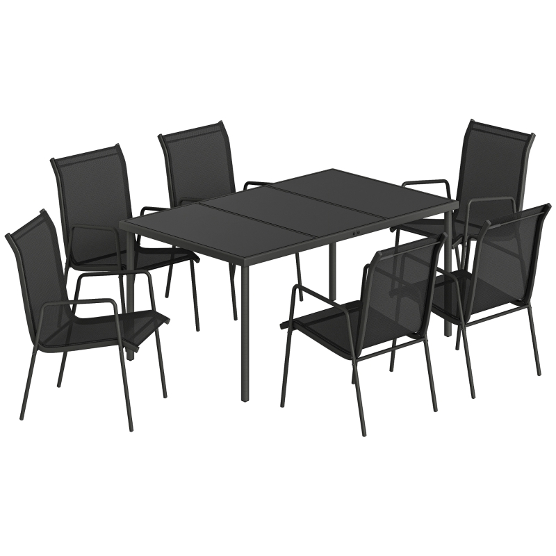Outsunny Set de Grădină 7 piese din Oțel cu 6 Scaune Stivuibile din Textilenă și Masă de Cafea cu Blat din Sticlă, Negru