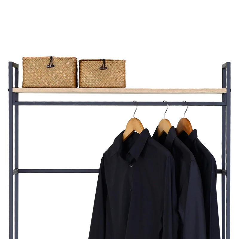 Armario Perchero Abierto Madera y Acero con Barra y 2 Estantes, 83x39x167 Cm, Madera Natural y Negro
