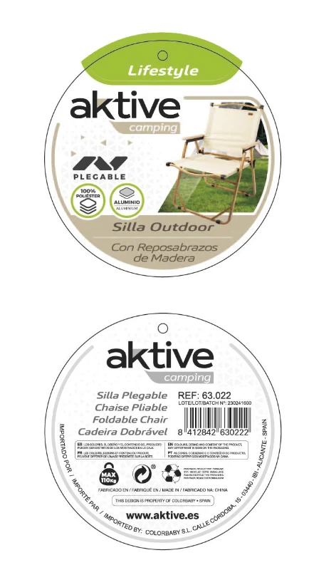 Silla Plegable Alta Glamping con Estructura de Aluminio Efecto Madera, 47x51x77 Cm, Crema