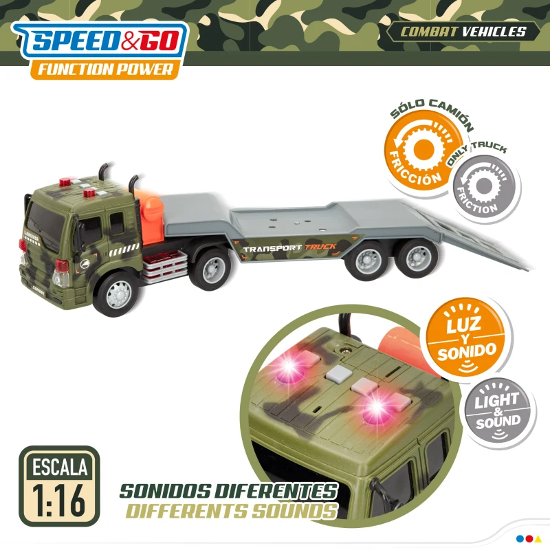 Camión Portacoches Militar Escala 1:16 con Luz y Sonido, 42x11,5x18,5 Cm, Verde