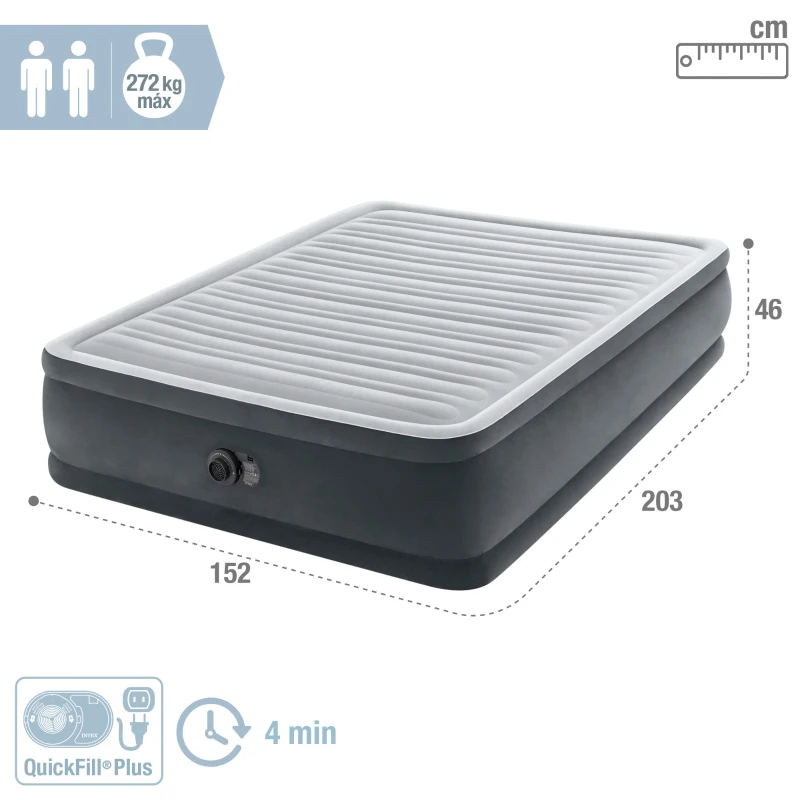 Colchón Hinchable Doble Dura-Beam Deluxe Fiber-Tech con Bomba Eléctrica, 152x203x46 Cm, Gris