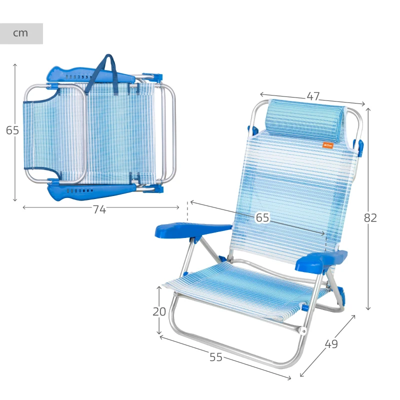 Silla de Playa Plegable Reclinable 8 Posiciones Cojín Acolchado, 74x12x65 Cm, Azul