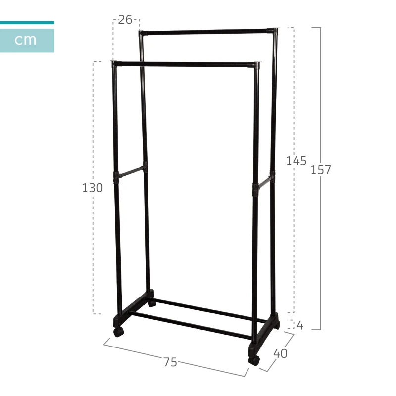 Perchero Ropa Doble con Estante y Ruedas, 75x40x157 Cm, Negro