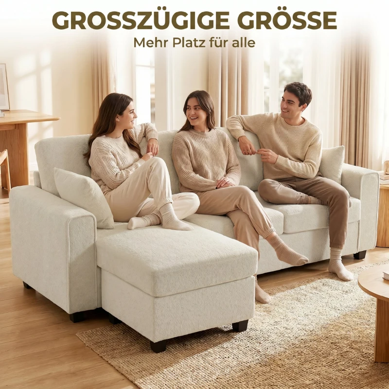 HOMCOM Ecksofa mit umkehrbarer Chaiselongue, 3-Sitzer Sofa mit Samtoptik, breite und tiefe Sitzfläche, Federkissen, Beige