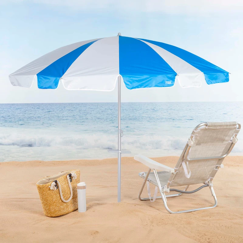 Sombrilla de Playa Reclinable 8 Varillas 200x195x210 Cm, Azul y Blanco