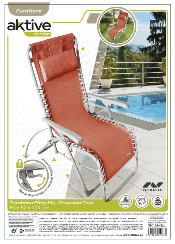 Silla Tumbona Gravedad Cero Plegable con Cojín, 160x52x76 Cm, Naranja