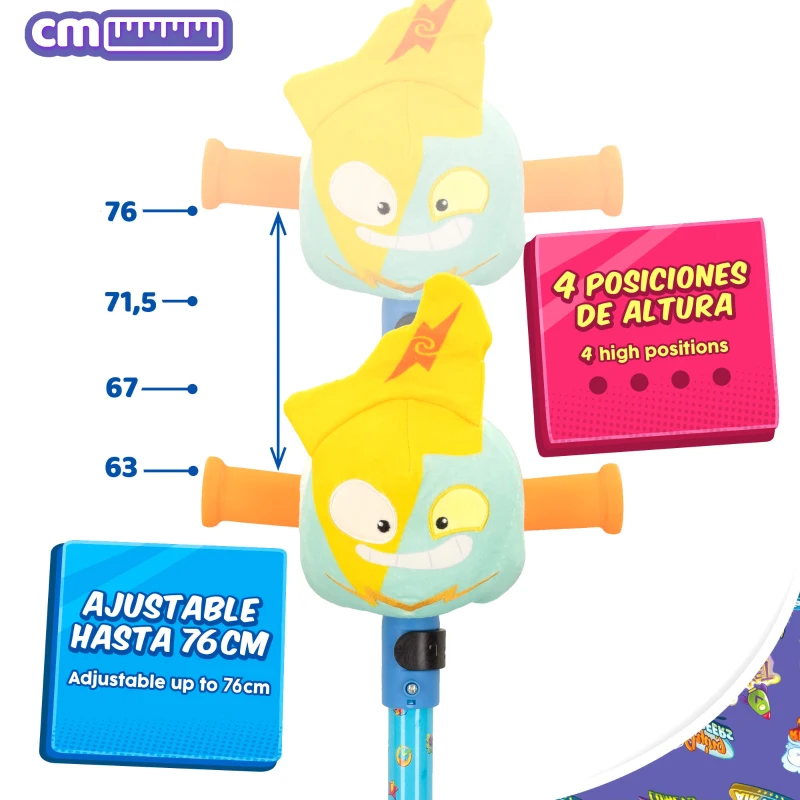Patinete Infantil 3 Ruedas Neon Blast con Peluche Extraíble y Luces, 52x23x67-76 Cm, Multicolor
