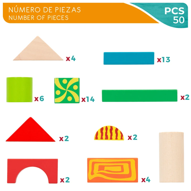 Bloques de Construcción de Madera 50 Piezas, 20x20x16,5 Cm, Multicolor
