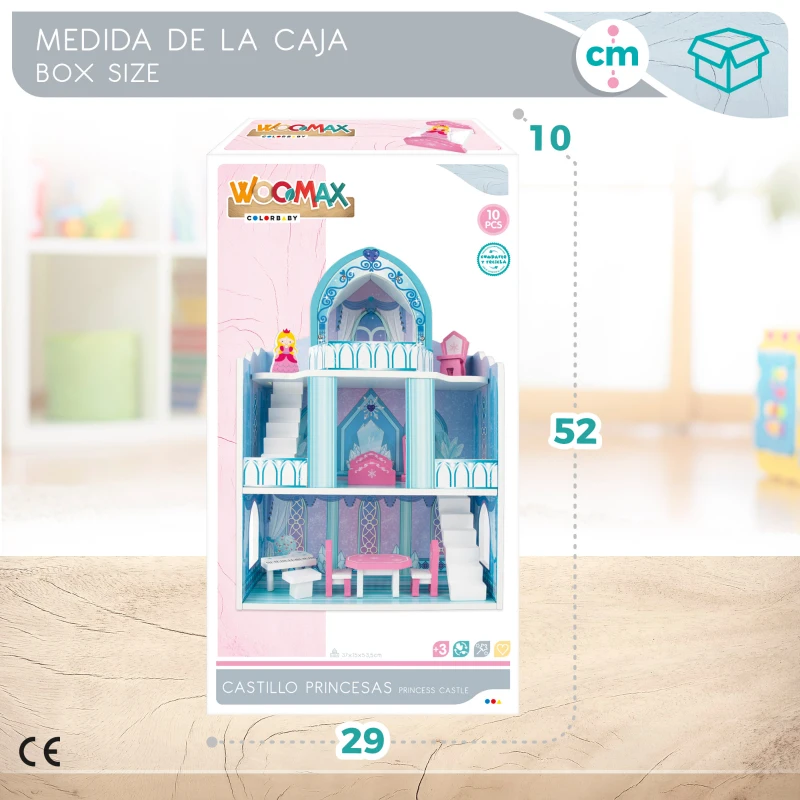Castillo de Princesas de Madera 3 Plantas WOOMAX, 37x15x53,5 Cm, Rosa y Azul