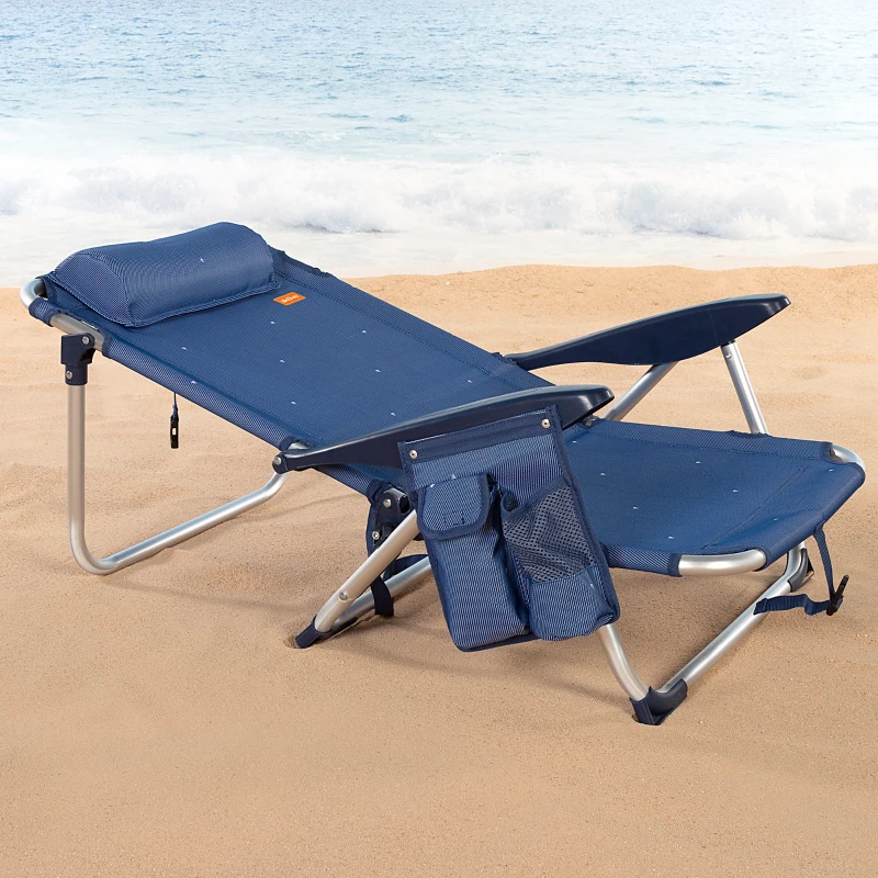 Silla de Playa Tumbona Baja Reclinable 4 Posiciones con Cojín y Bolsillo, 51x45x76 Cm, Azul Marino