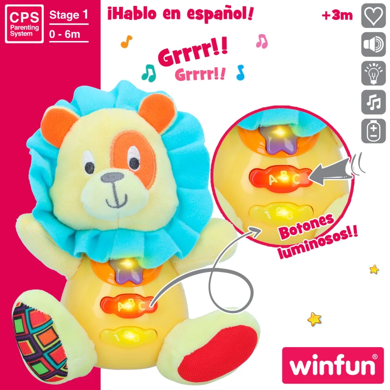 Peluche León Interactivo con Luz y Sonido, 15x9x15 Cm, Amarillo