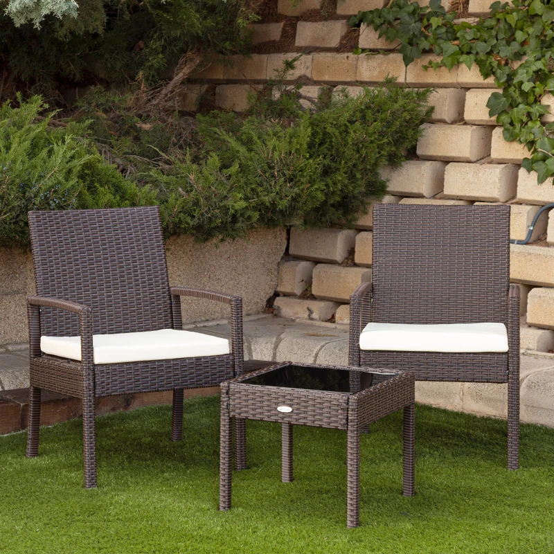 Conjunto Muebles de Jardín 2 Sillones y Mesa con Cojines, 54,5x59x79 Cm, Marrón Oscuro